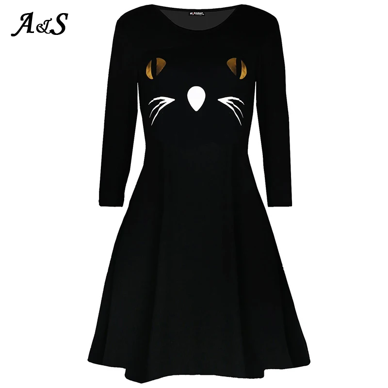 

Anbenser Halloween Vintage Dress Women Cat Eyes Print Patchwork Midi Autumn Winter Dresses Long Sleeve Party Dress Plus Size