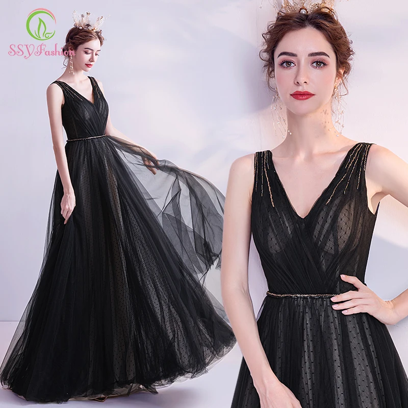 Женское платье в пол SSYFashion элегантное простое блестящее черного цвета с