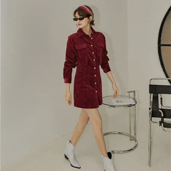 

Europe Corduroy A-line Dress Women Long Sleeve Single-breasted Slim Was Thin Sexy Mini Dresses Trend Women Clothes 2020 DMY2761
