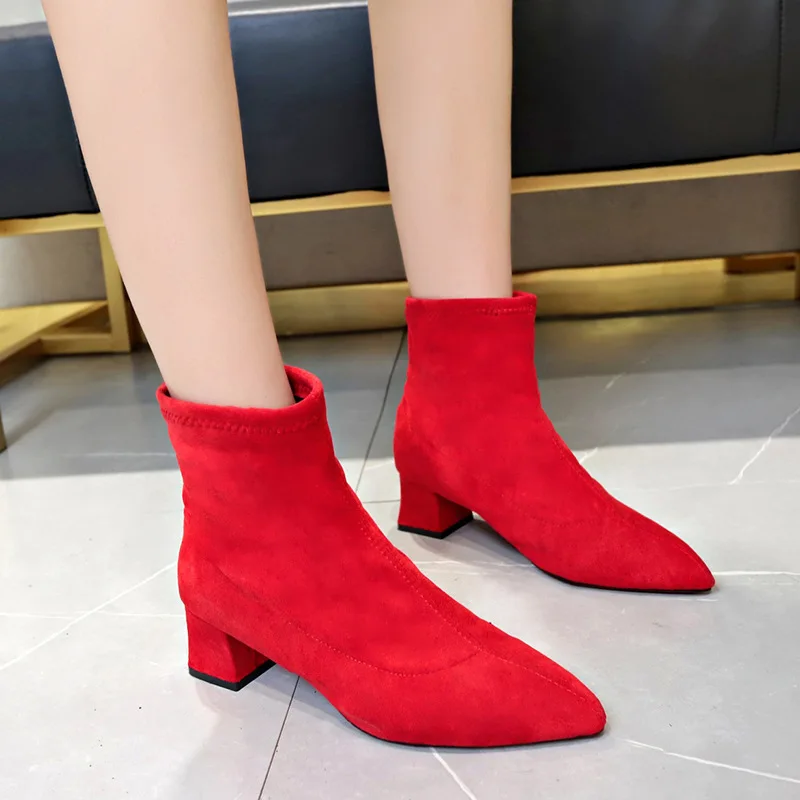 

2019 Autumn And Winter New Style Chunky-Heel Elasticity Short Boots Socks Boots Suede Pointed Boots Short Boots Semi-high Heeled