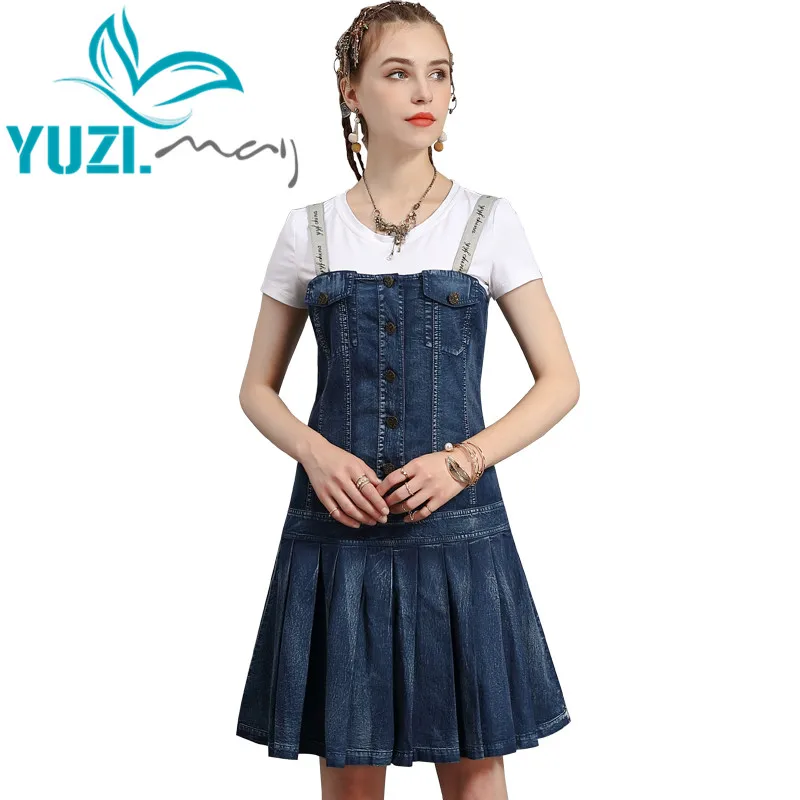 

Summer Dress 2020 Yuzi.may Boho New Denim Vestidos Single Breasted Pleated Suspender Women Dresses A82230 Vestido