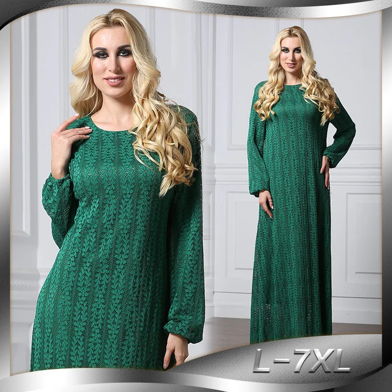 

Long-sleeved Round Neck Fashion Ethnic Style High Quality Lace Dress Muslim Large Size