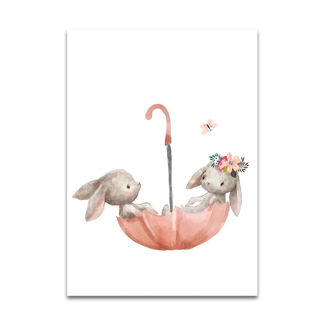 thumbnail image 1 of Cuadro en lienzo de estilo nórdico con diseño de oso, conejo, bebé, conejito, para guardería, arte de pared con flores y animales, póster e imagen impresa para habitación de niños, 1 of 5