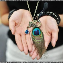 Ретро кулон перо павлина Латунь Тон ожерелье