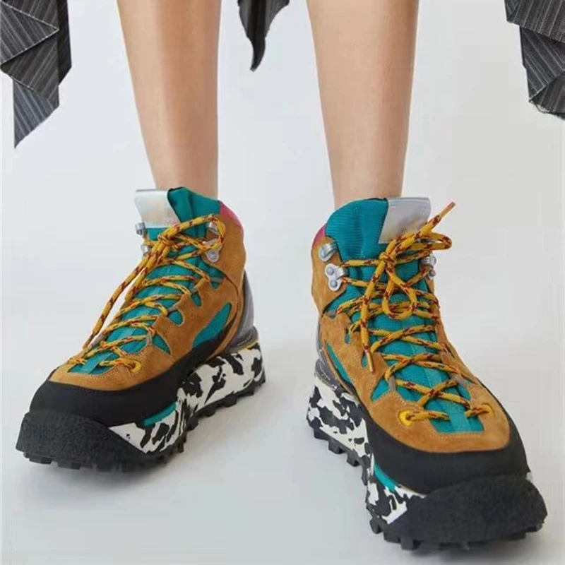 

Spring casual shoes Woman climbing Trainers creeper patchwork boots thick bottom platform sneakers high top daddy shoes