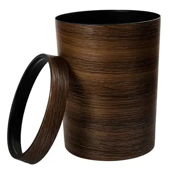 

EASY-HIPSTEEN Retro Style Pressing Ring Plastic Trash Can Household Office Mimetic Wood Grain Garbage Bin - Dark Brown