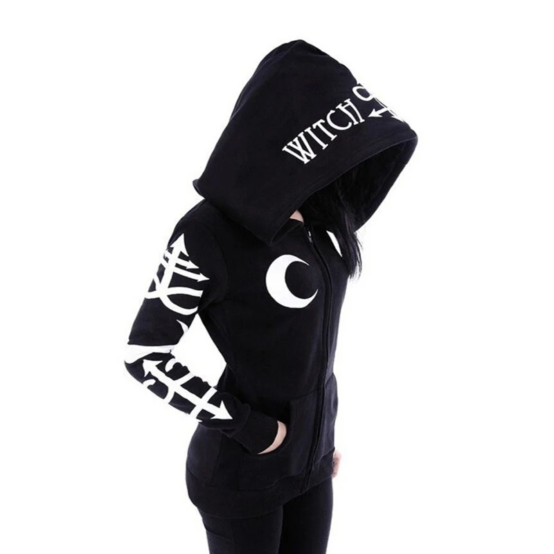 Women Gothic Punk Zip up Long Sleeve Hoodies Moon and Letter Print Sports Sweatshirt Jacket Coat with Pockets Halloween Costume
