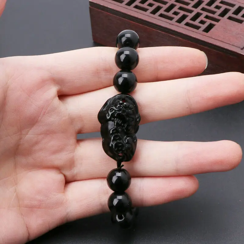 1 шт. черный бисер браслеты ювелирные изделия обсидиан богатство браслет для женщин или мужчин