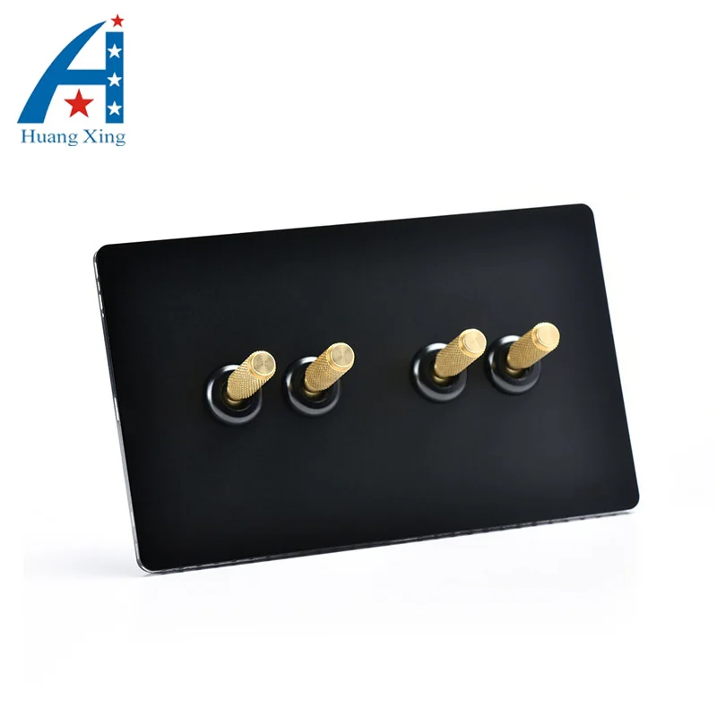 

146*86 Stainless steel 4 Gang 2 way Toggle button type Wall light switch, Black panel With copper Lever 10A 110V-250V