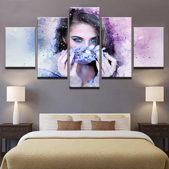 

Canvas Poster Wall Art Framework Home Decor 5 Pieces Beautiful Woman With Flower Wreath Watercolor Paintings HD Prints Pictures