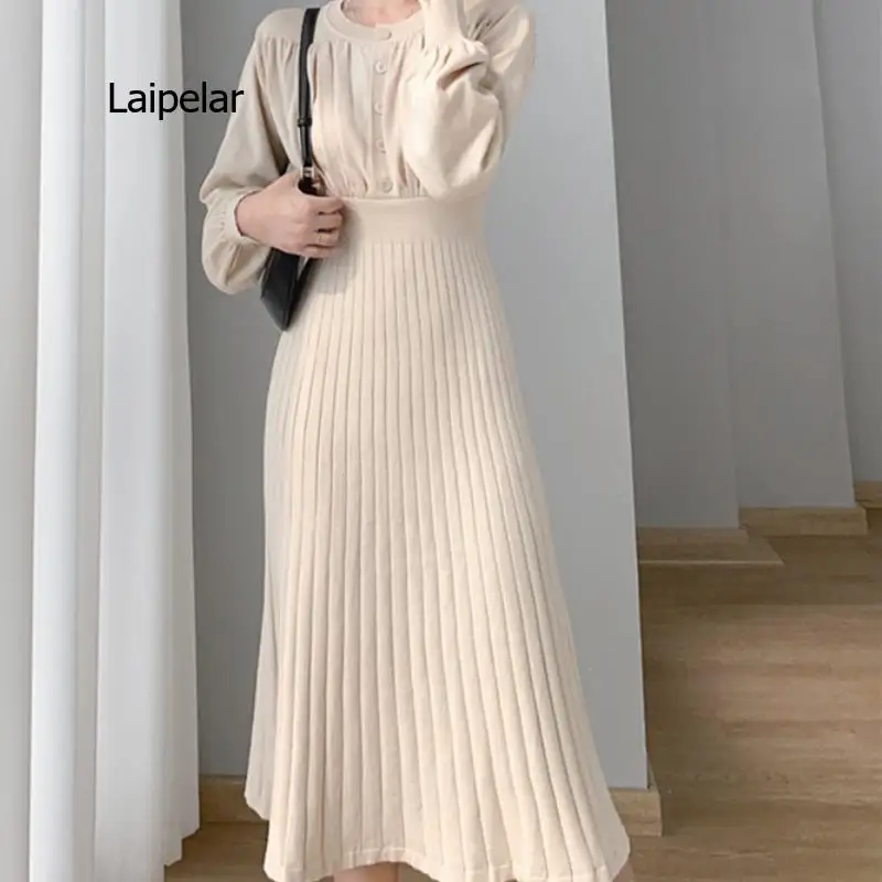 

Casual women's long-sleeve knit dress elegant vintage office dress Korean fashion 2021 fall