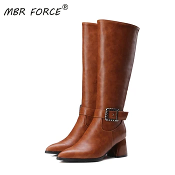 

MBR FORCE New Spring Autumn Woman Pointed Toe knee-high Boots Shoes High Quality Heels Ladies Boot black brown large size 34-43