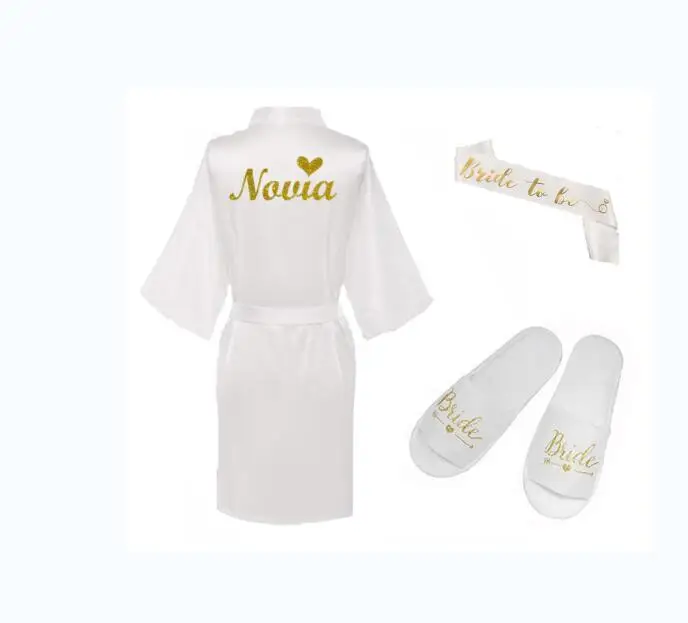 

NEW 3pc set of glitter Novia Espanol spanish bride robe slippers bridal veil women Bridal Party 2019 short kimono satin robe