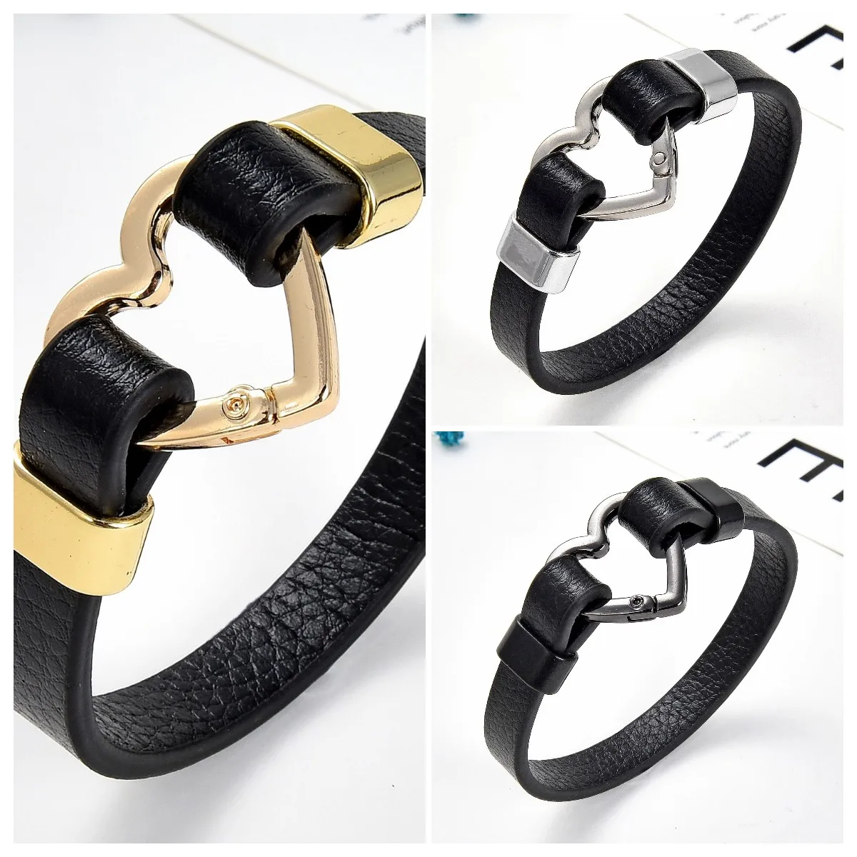 Trendy Heart Shape Spring Clasp Women Bracelet Gold Color Metal Black Leather Bracelets Girl Fashion Jewelry