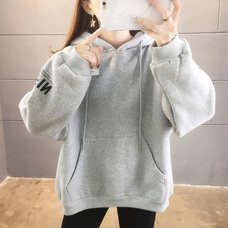 

Winter hooded Sweatshirt Women Letter Print Long Sleeve Velvet Pullover Hoodies Casual Oversized loose Clothes Pocket Jacket