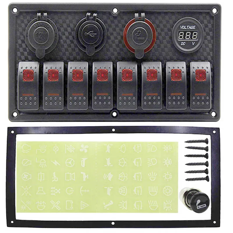 8 панель блока переключателей 12~ 24 В автомобиля лодочные автоматические выключатели переключатель панель с двумя usb-портами зарядного устройства+ гнездо для сигарет+ светодиодный свет - Цвет: 8 Gang Switch Red