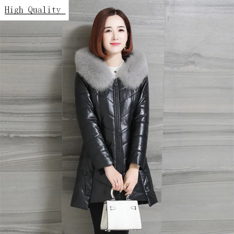 

Genuine Leather Jacket Women Natural Sheepskin Coats Female Leather Down Parka Real Fox Fur Plus Size 5XL Jackets LWL1262