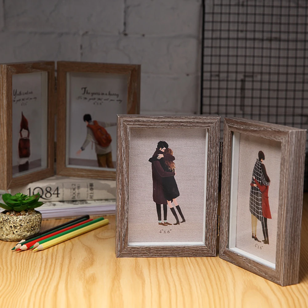 6inch Double Picture Photo Frame Wood Structure Decoration Hinged