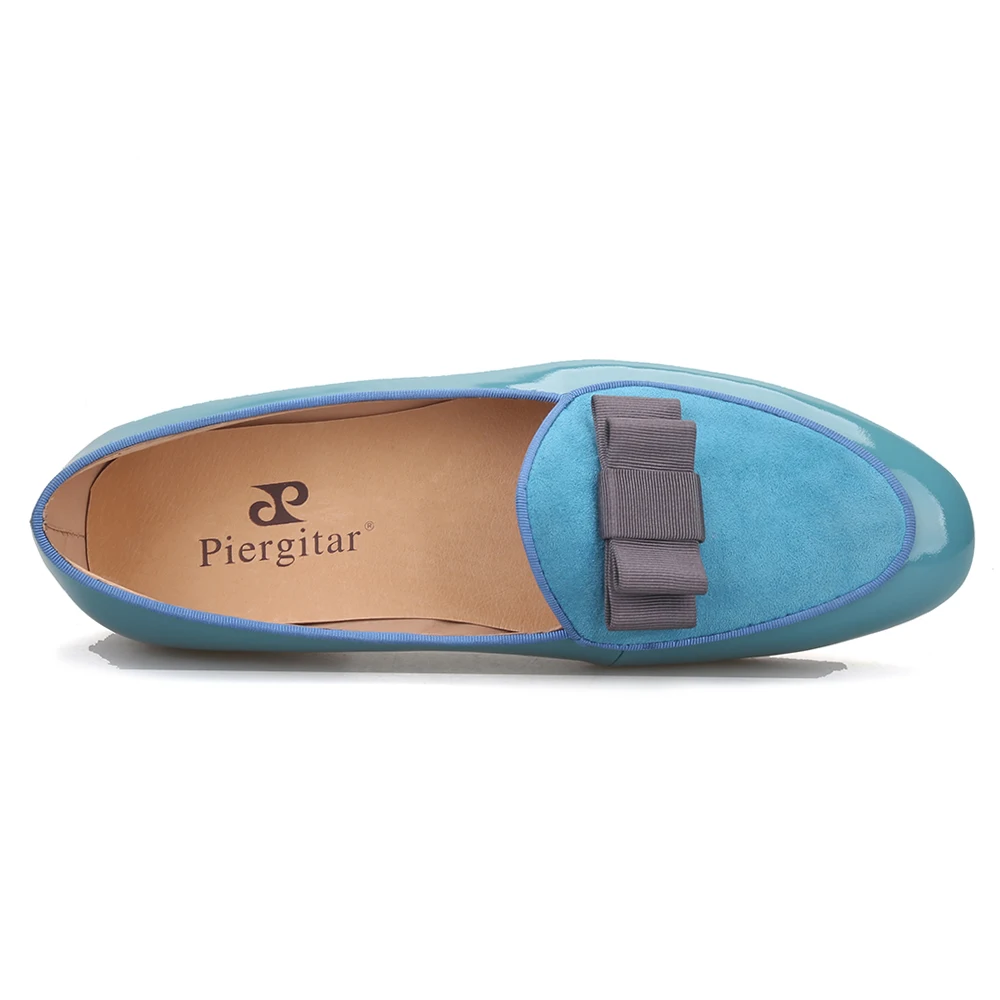 Piergitar 2020 handmade sky blue patent leather men shoes fashion bow design men's loafers leather insole men flats plus size