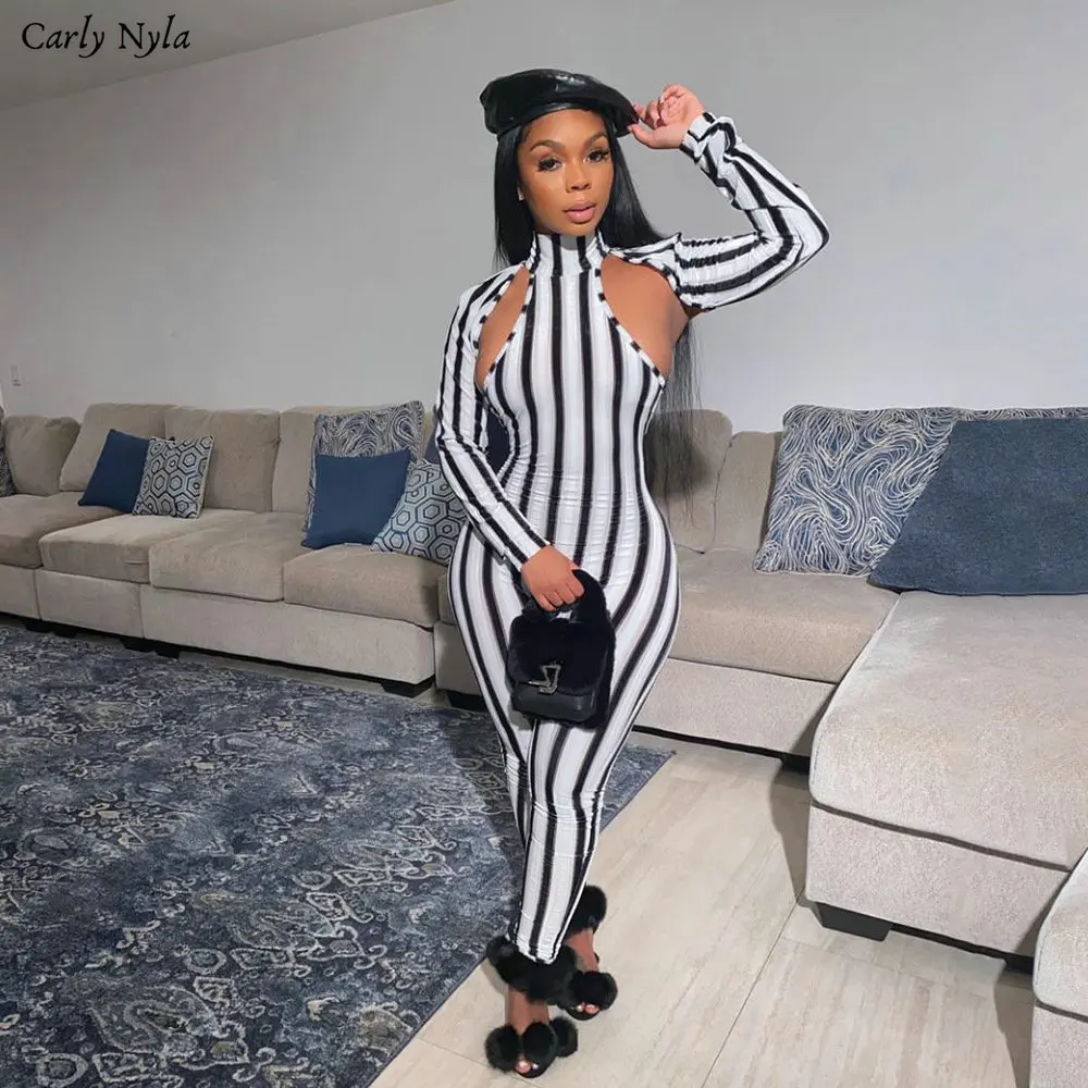 Carly Nyla женский эластичный Полосатый комбинезон с принтом длинным рукавом
