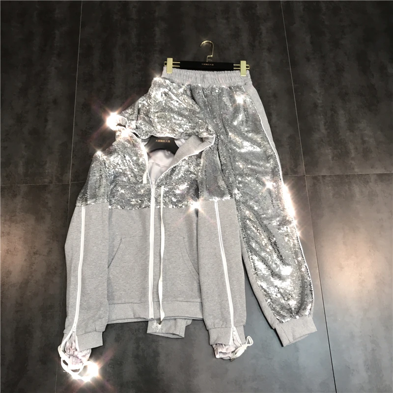 

New shiny sequins hooded coat zipper hoodie who sport suit