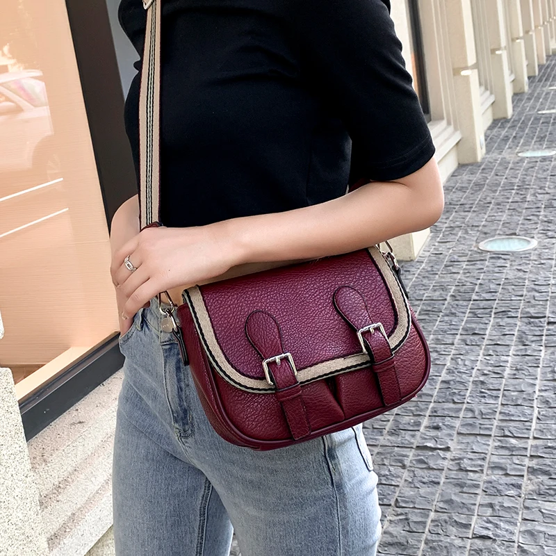 

Quality Leather Female Shoulder Flap Bag Contrast Color Purse and Handbag Luxury Designer Female Wide Strap Crossbody Bag Blosas