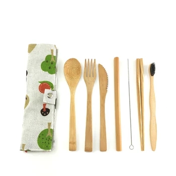 

7Pcs/Set Zero Waste Bamboo Travel Utensils with Carrying Bag Dinner Set Portable Reusable For Tableware Dinnerware Kitchen