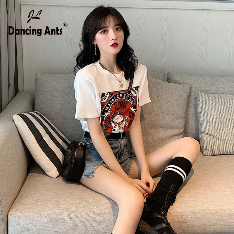 

Woman Cotton T-Shirts O-Neck Short Sleeve Harajuku Print Top 2020 Summer New Female Fashion Korean Style Casual Loose Tees