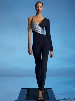 

2020 Elegant Female Club Bandage Jumpsuit Autumn Women Fashion Sexy V Neck One Shoulder Long Sleeve Patchwork Casual Jumpsuit