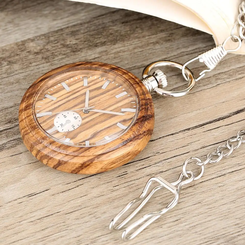 Natural Wooden Fob Watch with Decorative Dials Round Open Face Wood Chain Watch Silver Chain Birthday 3