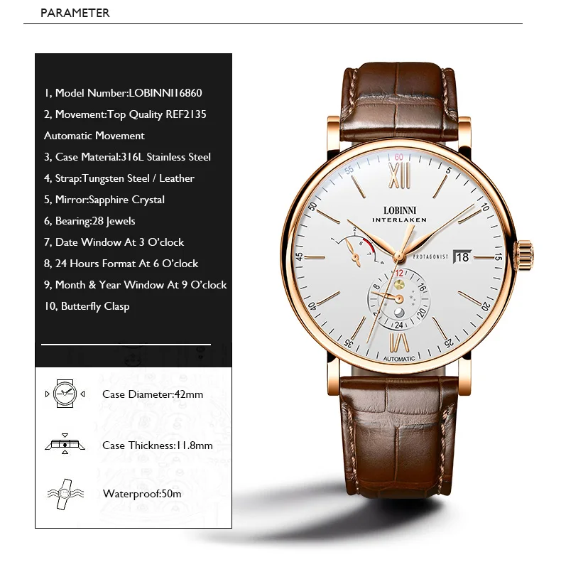 Роскошные мужские часы, мужские автоматические часы LOBINNI Мужская одежда Водонепроницаемые механические наручные часы reloj hombre швейцарский бренд часы