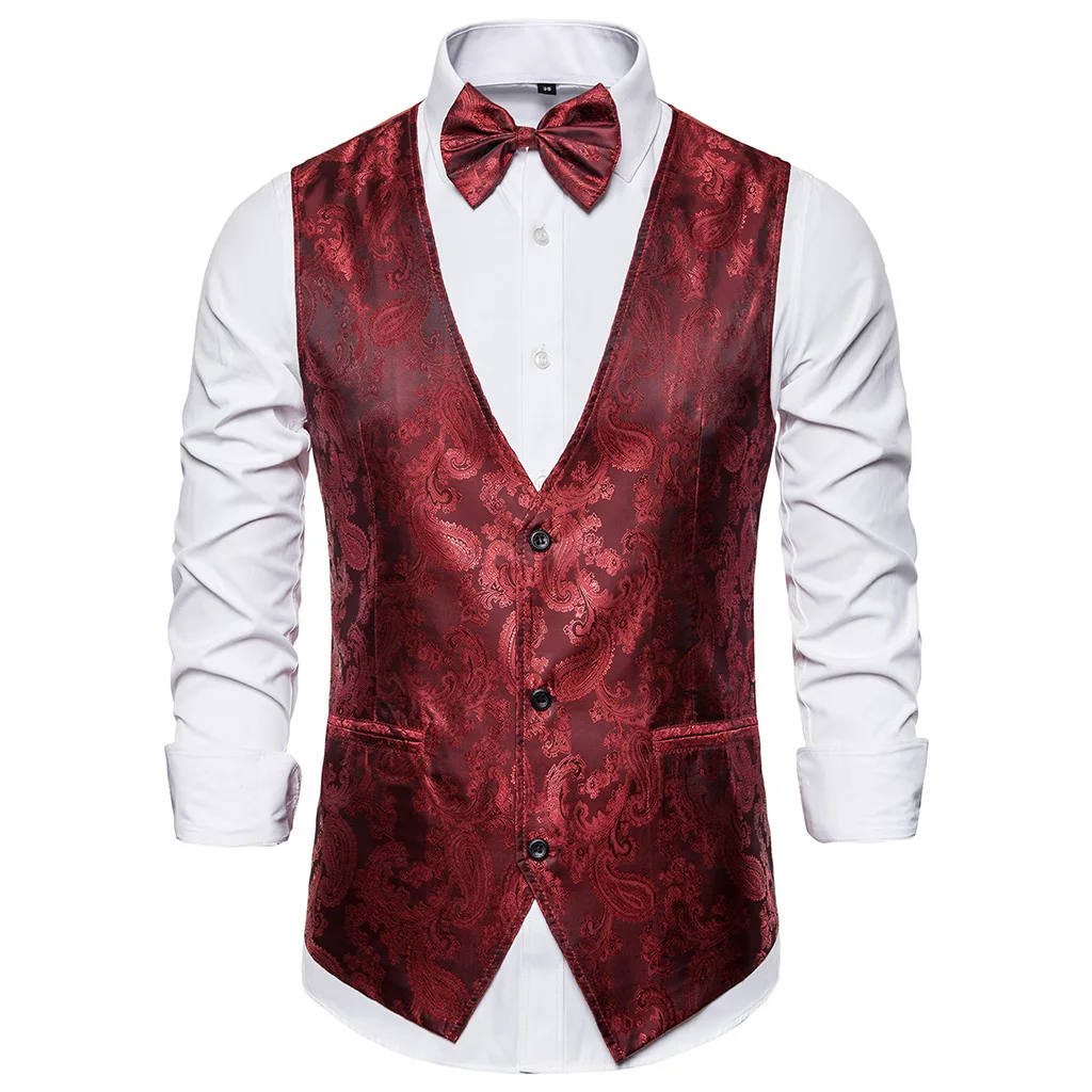 Puimentiua Men's vest suit vest Slim business solid color sleeveless vest with bow print single-breasted suit vest 2019
