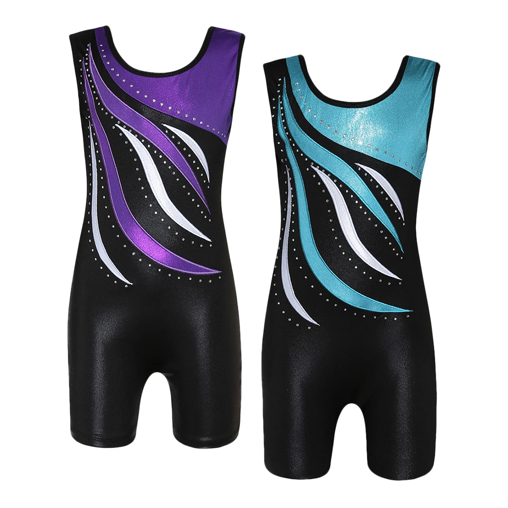 Girls Kids Ballet Dance Gymnastics Leotards Metallic Tank Boy Shorts Sport Unitard Stage Performance Dance Wear