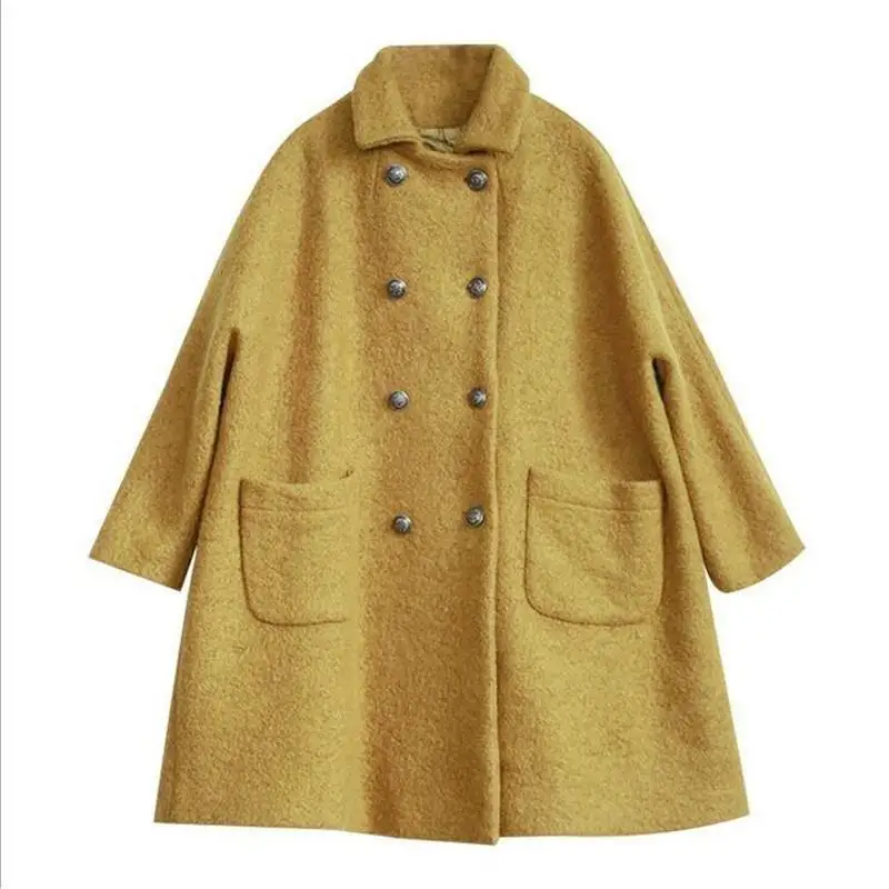 New Winter Women Fashion Oversize Midi Double Breasted Cashmere Woolen Outwear Female Casual Wool Blend Coat Casaco R292