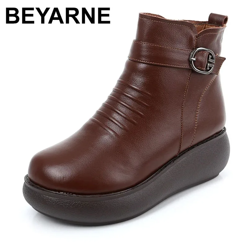 

BEYARNE women's snow boots, waterproof, genuine leather 2021, leather and platform short top, warm winter shoes 100%