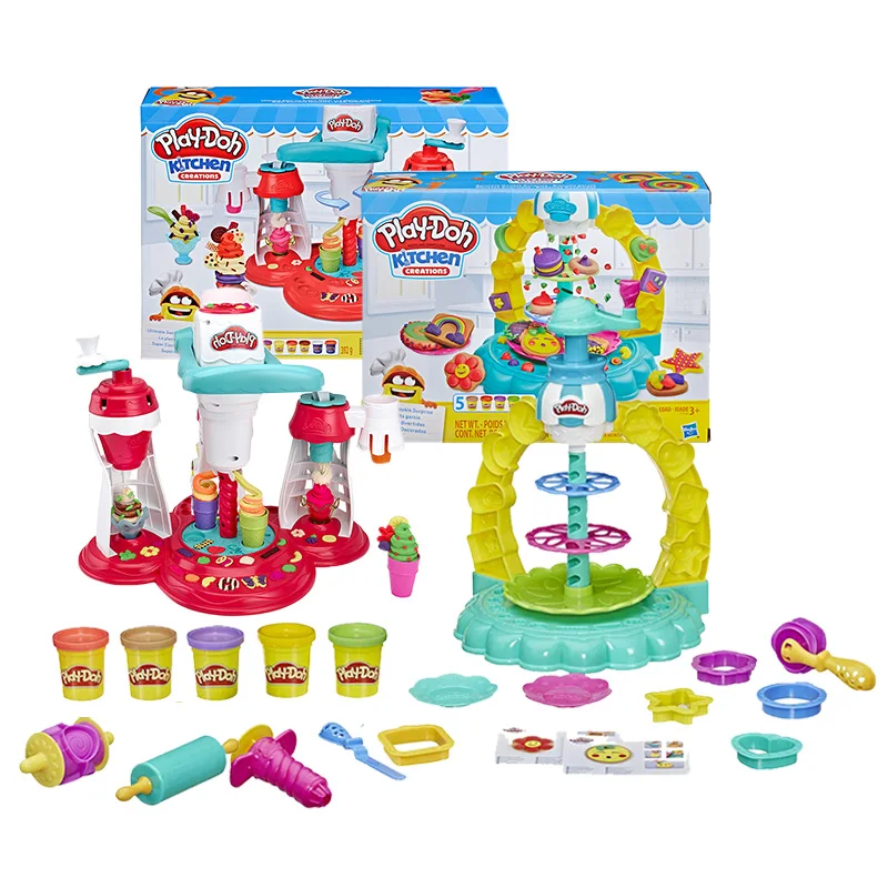 Original Play Doh Colorful Mud Cookie Tower Mold Tornado Ice Cream Set Rubber Slime Fluffy Playdough Tools Toys for Children