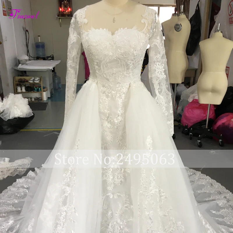 Fsuzwel Gorgeous Appliques Detachable Train Mermaid Wedding Dress 2022 New Arrival Boat Neck Long Sleeves Bridal Gown Plus size summer wedding guest dress