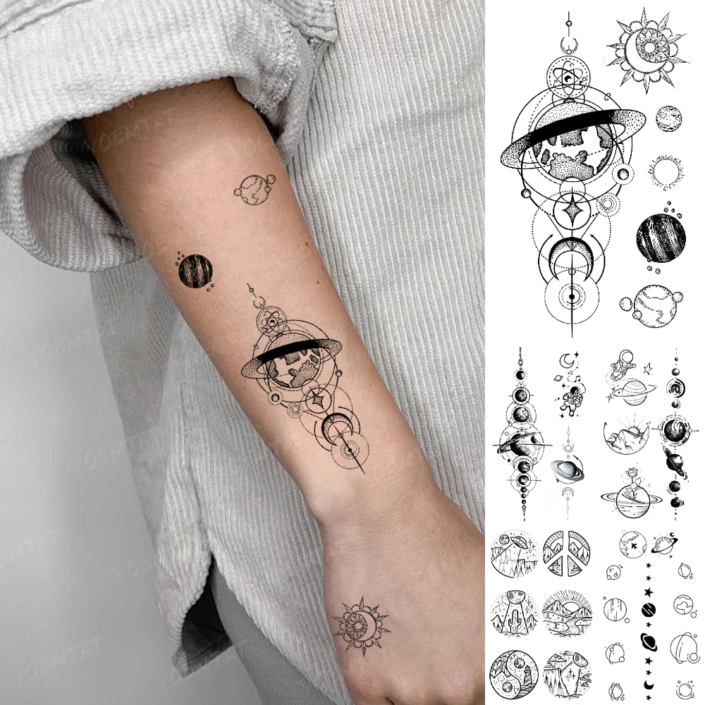 Transferable Waterproof Temporary Tattoo Sticker Earth Starry Sun Moon Galaxy Line Flash Tatto Woman Man Kids Child Fake Tatoo