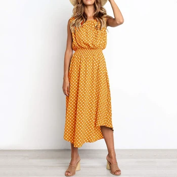 

Yellow Vintage Dot Print Midi Dress Irregular Sleeveless Casual Holiday Women Dresses Summer Tunic Loose Elastic Waist Sundress