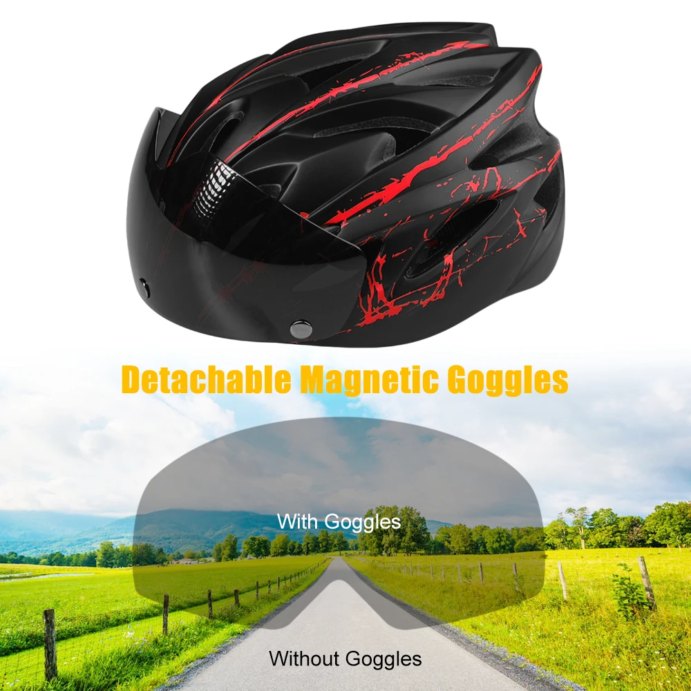 Lixada Bike Helmet Adjustable with Detachable Magnetic Goggles Mountain Road Bicycle Helmets Safety Protective Helmet 18 Vents