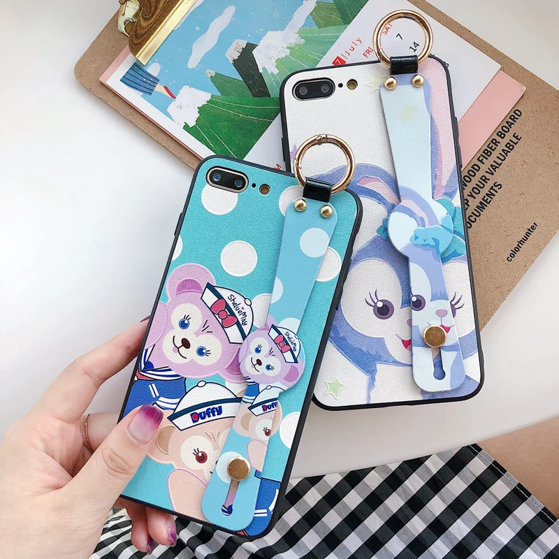 

StellaLou Duffy Bear Cartoon Case For iPhone 7 8 Plus Wrist Strap Case for iPhone X Xs Max XR Hand Holder Stand Soft TPU Cover