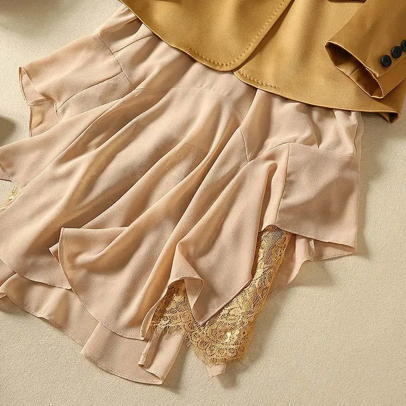 Женская одежда, комплекты из 3 предметов, высокое качество, сатиновый Блейзер, костюм+ шифоновая юбка до колен с рюшами+ кружевное платье-комбинация