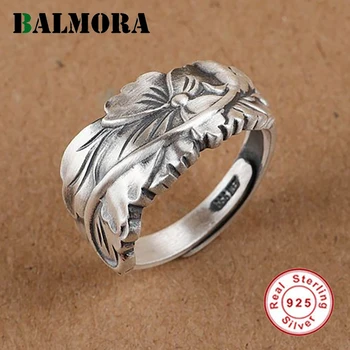 

BALMORA Real 925 Sterling Silver Rings for Women Original Retro Lotus Flower Open Finger Stacking Ring Fashion Bijoux Adjustable