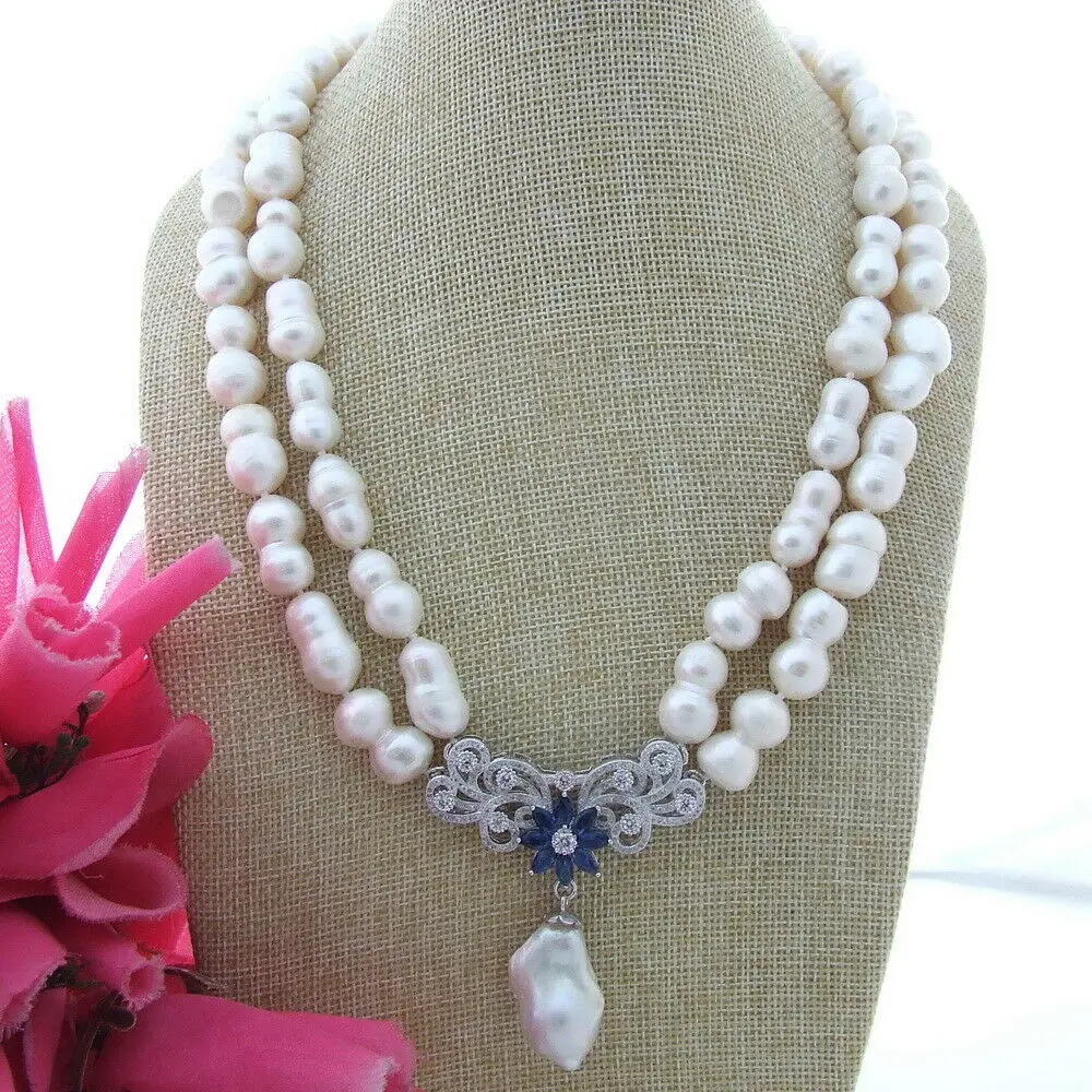 

S113011 20" 2Strands 10x17MM White Twins Pearl Necklace CZ Pendant