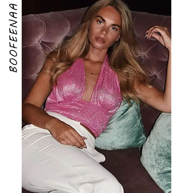 

BOOFEENAA Sexy Ruched Halter Backless Crop Tops Rave Festival Party Club Wear Plunging V Neck Glitter Hot Pink Tank Top C66-H94