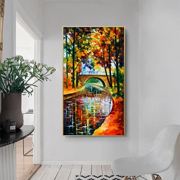 

Canvas Painting Landscape Posters and Prints Colorful Oil Painting Fall Leaf River Wall Pictures for Living Room Decor Cuadros