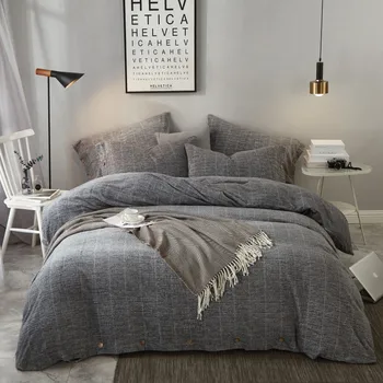 

Cotton Fleece Sleep Warmth Bedding set Queen King size 4Pcs Navy Blue/Grey Stripes Button Duvet Cover Flat/Fitted Bed sheet set
