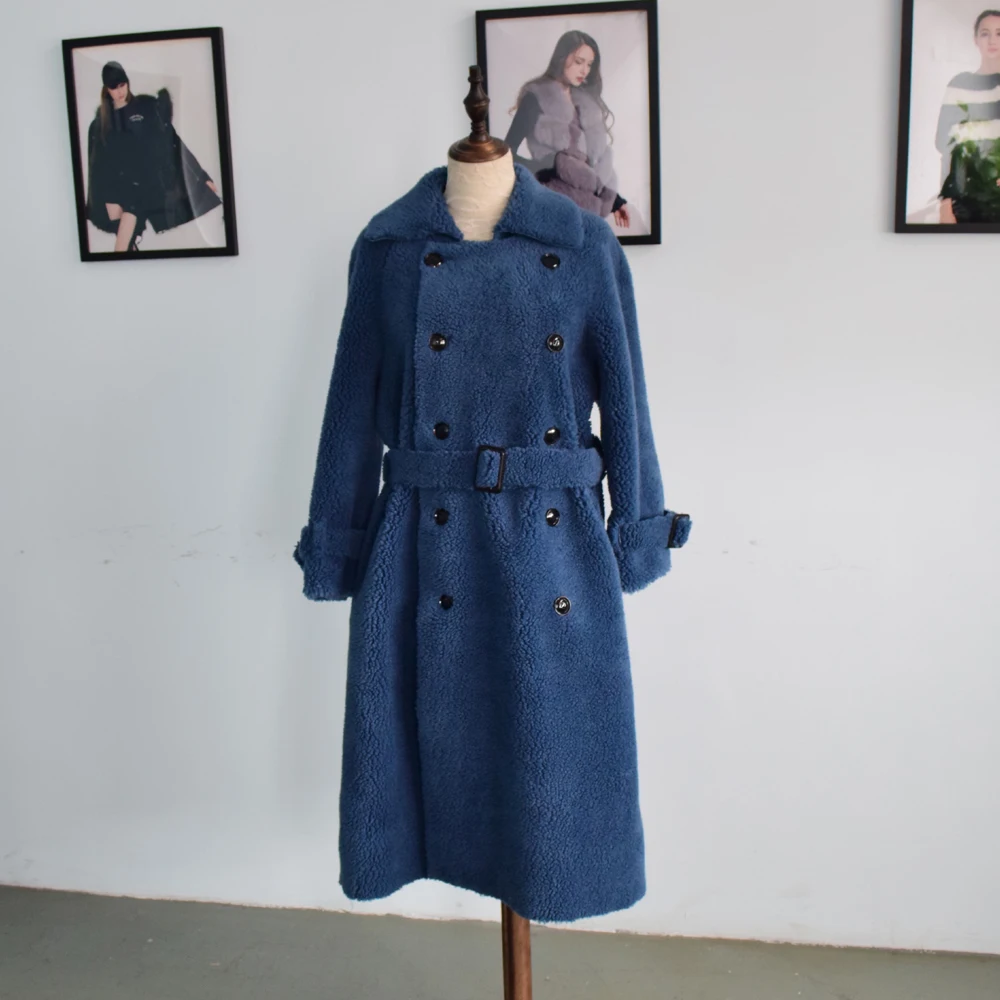 Skup 2019 BFFUR długa wełniana kurtka z paskiem płaszcz z prawdziwego futra skręcić w dół kołnierz damskie płaszcze z naturalnej owczej skóry kobiet zima strój