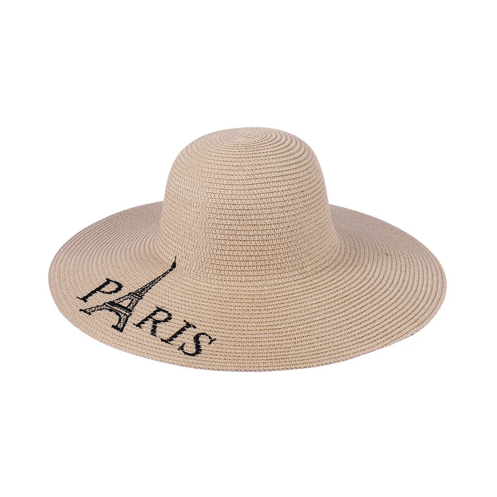 

Summer Paris Tower pattern letter embroidery solid color foldable large eaves seaside holiday sun hat sun hat