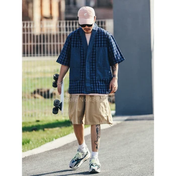 

Asian Japanese Fashion Kimono Wear Men American Street Style Plaid Stripes Shirt Warrior Harajuku Summer Cotton Blue Jacket Top